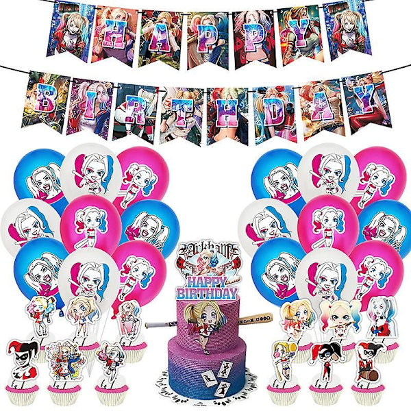 Harley Quinn-tema Bursdagsfest Ballongsett Dekorasjoner Forbruksvarer Banner Trekkflagg Kaketopper Sett