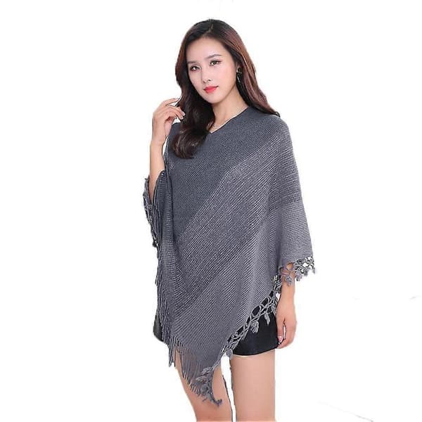 Elegant genser for kvinner, pullover-wrap, svart poncho med dusk-kåpe for høst, vinter og ferie