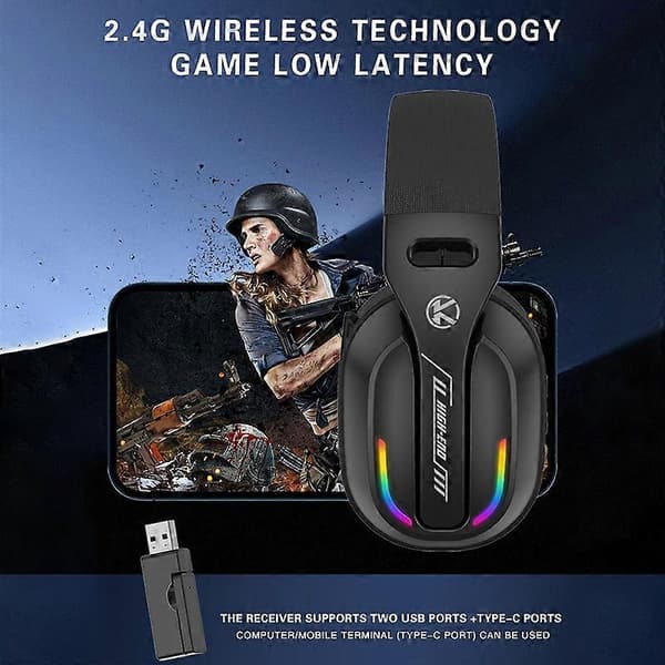 Bluetooth 5.4 Hodebåren RGB Trådløst Bluetooth Gaming Headset Med Sender GT100 Svart