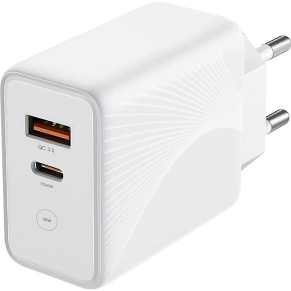 30W Snabbladdare med 2 Portar - PD20W + QC 3.0 för iPhone 16 Pro, iPhone 16 Pro Max, iPhone 16 Plus, iPhone 15 Pro, 15 Plus - Vit