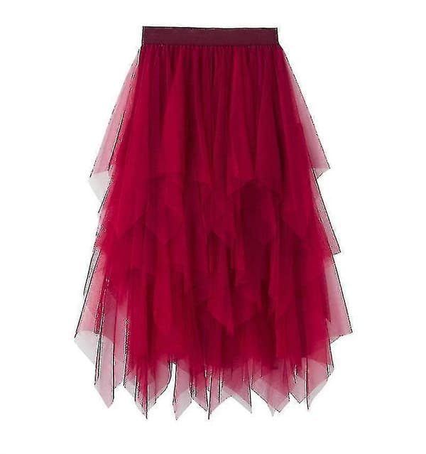 Kvinnor Midi Kjol Tyllkjol Mesh Plisserad Elastisk Hög Midja Lager Spets Tutu Klänning R Red Wine