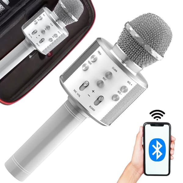 Wireless Microphone Bluetooth Karaoke Speaker Round with Case Various Modes Silver silver