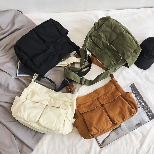 Stor kapacitet Canvas Messenger Bag Multi Compartment Bag Casual Kvinnor Män Axelväska Brown