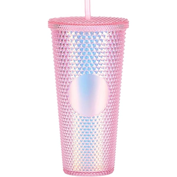 Dobbeltveggede plastkopper med nagler, lokk og sugerør, BPA-frie, 710 ml, rosa