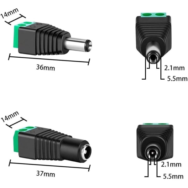 DC-strøm hann/hun-kontaktplugg Balun-adapter 12V jack-stikkontakt-adaptere Brukes til videomonitor CCTV-kamerakabel LED stripelys 2,1 x 5,5 mm