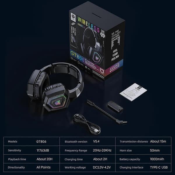ONIKUMA GT806 Tri-modus Bluetooth 2.4G kablet E-sport spillhodesett Black