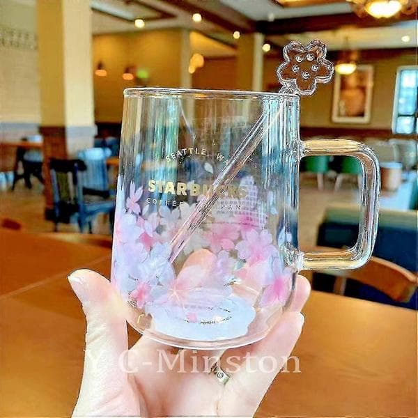 Starbucks Rosa Sakura Färgskiftande Glas Kaffemugg Kopp Med Blompinne
