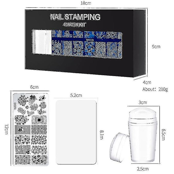 Set med 10 nagelstämplingsplattor med silikonstämpel och skrapa - med blommor och geometriska mönster för nagelstämpling, manikyrkonst