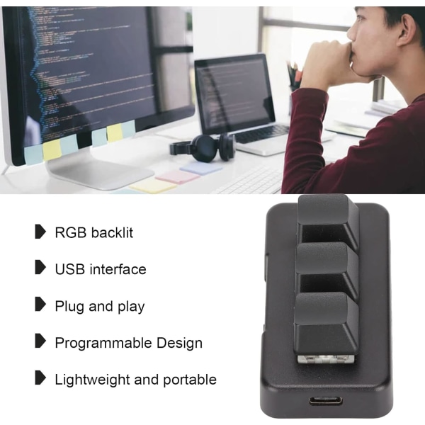 Minimakro mekanisk tastatur, 3 taster USB-grensesnitt, minimekanisk programmerbart snarveitastatur med fargerik RGB-bakgrunnsbelysning