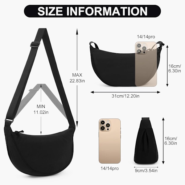 Crescent Taske til Kvinder Mænd, Nylon Crescent Tasker Hobos Crossbody Taske Bærbar Crescent Pung med Justerbar Rem A01-sort, 31cm