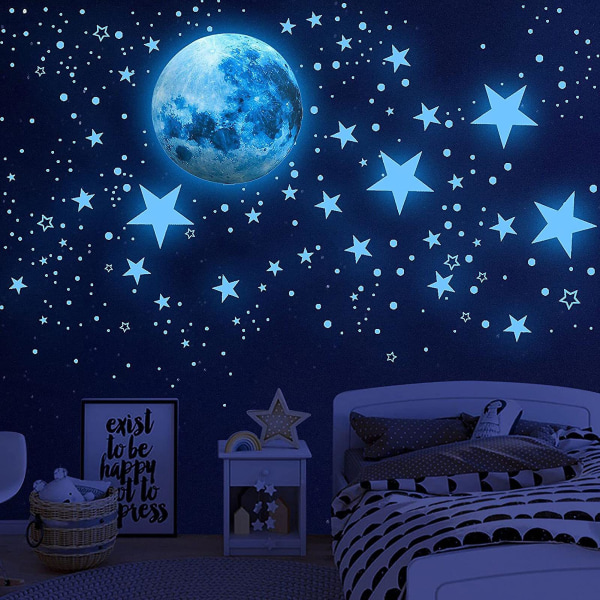Glow-in-The-Dark Stars Moon Wall Stickers Let at installere Realistisk Skab romantisk atmosfære Lysende vægdekaler Tianyuhe Blue