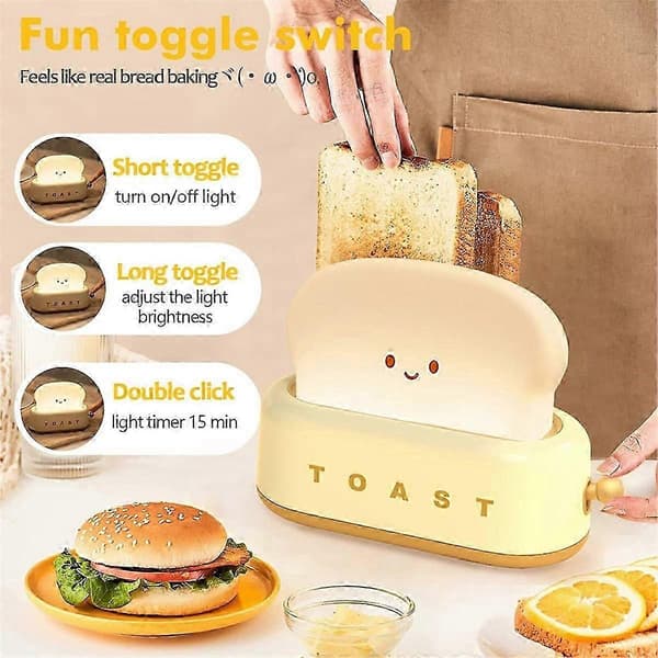 Søt Toast Brød LED Bordlampe, Oppladbar Nattbordslampe med Timer, Ideell