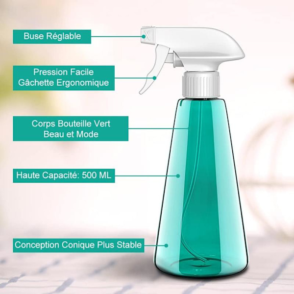 Tom sprayflaske, 500 ml plastsprayflaske med triggerpumpe, 3 moduser spray & stråle & av
