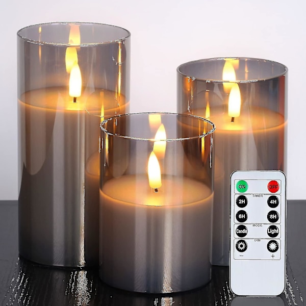 Glass Led Flameless Candles, Battery Candles, Pillar Candles Battery Operated With Remote Control And Timer, Electric Candles, Wax+grey Glass, Set Of