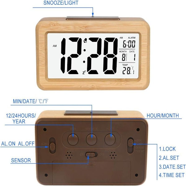 Enkel digital väckarklocka i bambu med temperatur, digital väckarklocka, för sovrum
