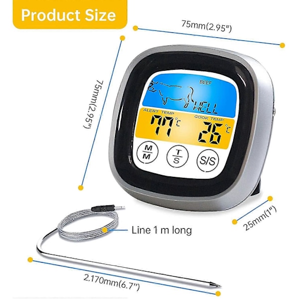 Digital kötttermometer, LCD-display BBQ-termometer med matlagningstimer för grill, ugn, BBQ, matlagning, rökare