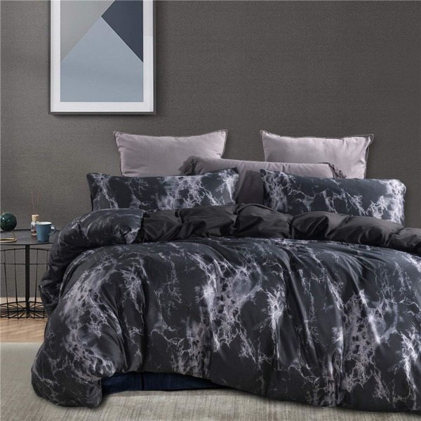 Dynetrekk med sort marmormønster, 3-delt sengetøysett i mikrofiber Moderne geometrisk dynetrekk i marmor (1 dynetrekk + 2 putevar)