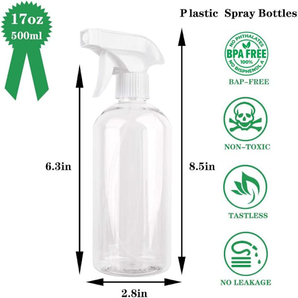 500ML Tom Sprayflaska, 2-pack Tomma Sprayflaskor i Plast med Pump, Transparent