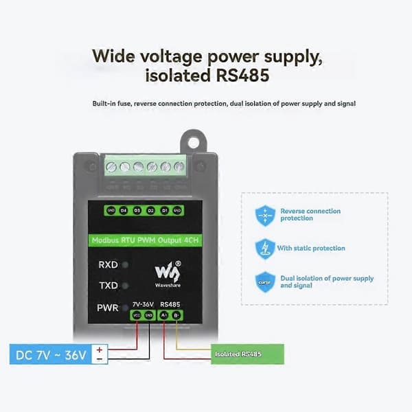 Waveshare Industriel 4-CH PWM Pulsudgangsmodul Modbus RTU Protokol RS485 Interface Justerbar Frekvens Svart