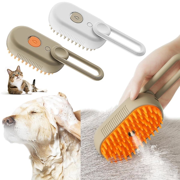 Selvrensende elektrisk dampende kattebørste, 3 i 1 kat dampende børste til hundebørster til plejemassage, pleje og hårfjerning White
