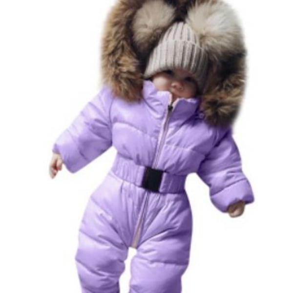 Baby snedragt vinter jumpsuit pelskrave hætte tyk varm ensfarve Sød sport talje lynlås One Piece Romper