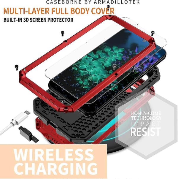 Military Shockproof Metal Case for Samsung Galaxy S23 Ultra/ S23+/ S23 with Screen Protector Holder/Lens Protector Red