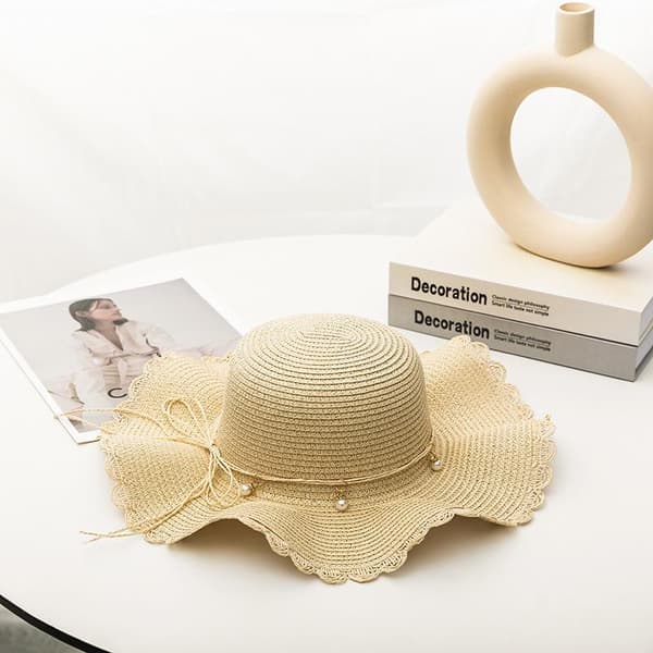 Beige stråhatt dame, sammenleggbar solhatt UV-beskyttelse, sommerstrand
