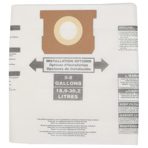 6 st torra dammsugarpåsar för Shop Vac 5-8 Gallon Ridgid