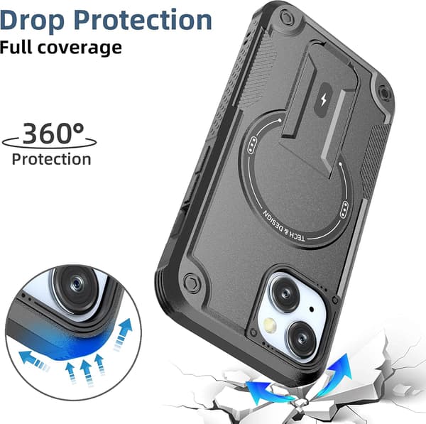 Magnetic iPhone Case with Stand, MagSafe Compatible, Robust Built-in Stand, Military-Grade Drop Protection Shockproof for iPhone Black Black iPhone 15