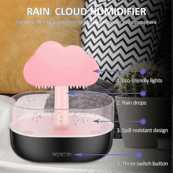 Regnmoln Luftfuktare Vattendropp 200ml, Led Moln Regn Aromaterapi Eterisk Olja Diffuser Nattlampa 7 Färger Avkopplande Sänglampa black