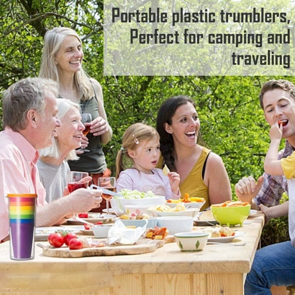 Sæt med 8 genanvendelige plastikkopper, regnbuekopper til børn, rejser