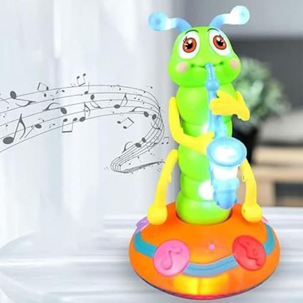 Elektrisk Caterpillar saksofonleke for barn, dansende saksofonlarve med musikk og LED-lys, morsom