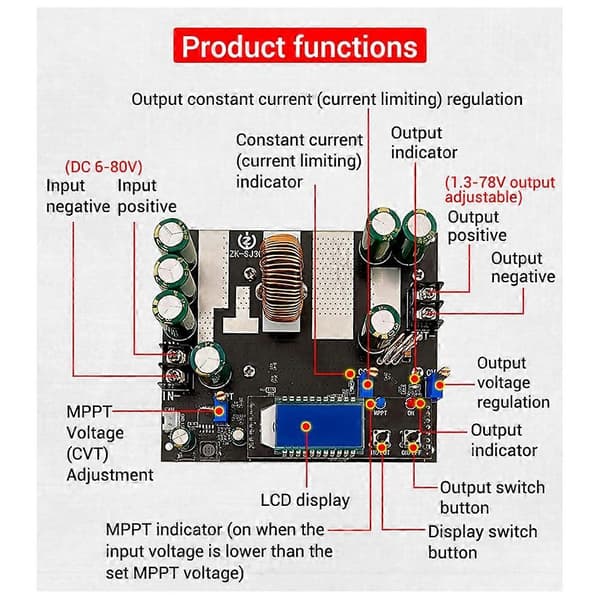 ZK-SJ30 700W Synkron Likretting 30A Automatisk Buck-Boost Strømmodul Solcellelading MPPT, med Display Black
