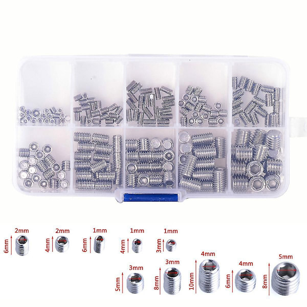 200 st 304 Rostfritt Stål Grub Skruvar Hex Socket Skruv Sortiment Kit Set M3/m4/m5/m6/m8 (trasslig)