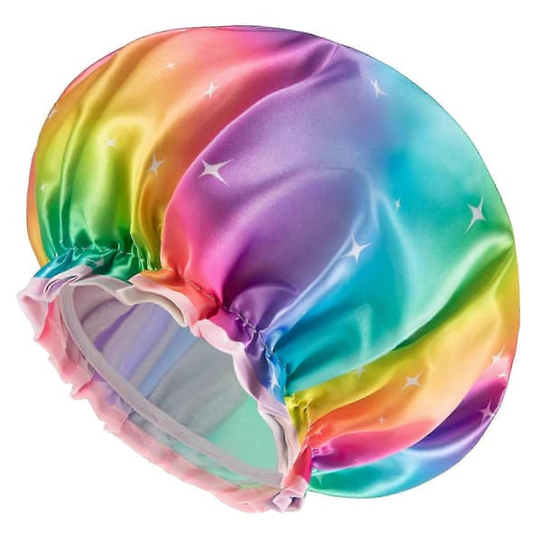 XLarge Sparkle Rainbow Duschmössa för kvinnor, återanvändbar dubbel vattentät hårmössa med mjukt PVC-foder