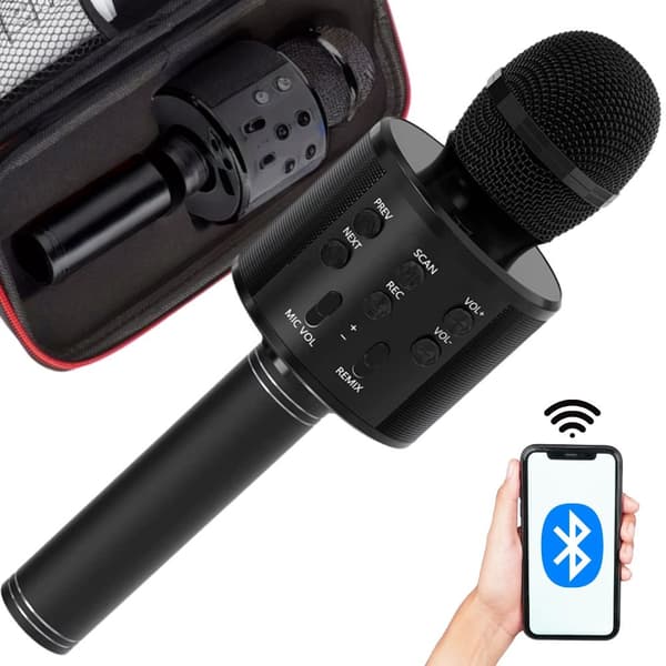 Wireless Microphone Bluetooth Karaoke Speaker Round with Case Various Modes Svart black