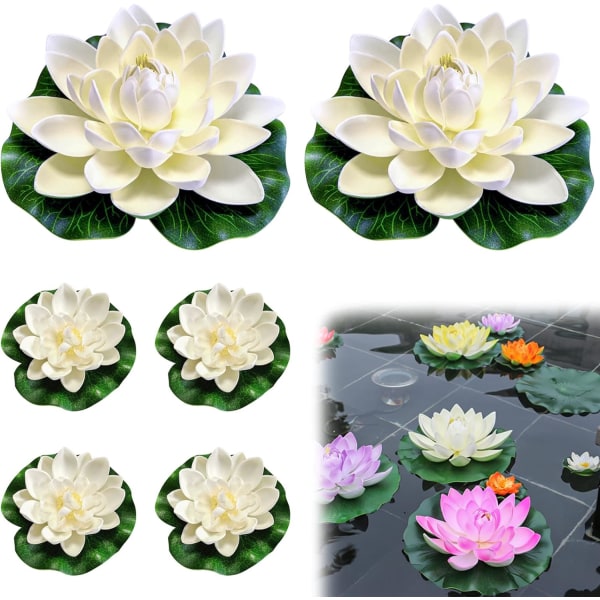 6 stykker falske kunstige lotus flytende blomster, hvit kunstig vannlilje, flytende skumplanter for hagedammen basseng akvarium uteplass bryllup