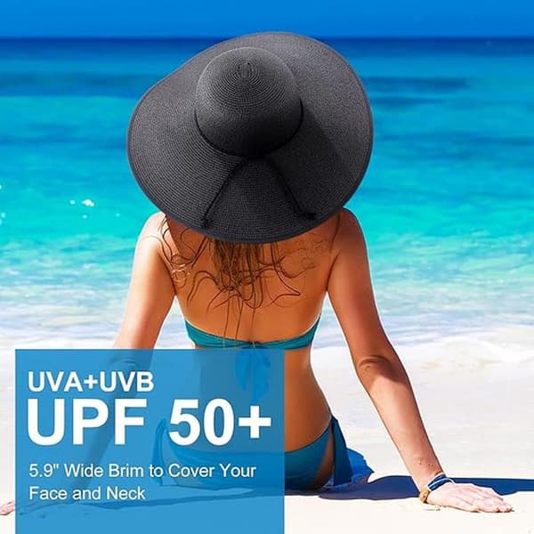Dame Stor Sløjfe Stråhat Floppy Foldbar Rul Op Strandhat Solhat UPF 50+