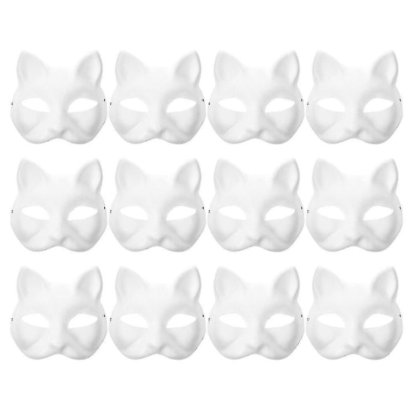 12 stk Blanke Kattemasker Kostume Cosplay Maske Børnehave DIY Umalede Kattemasker White 18.5X16.5X6CM