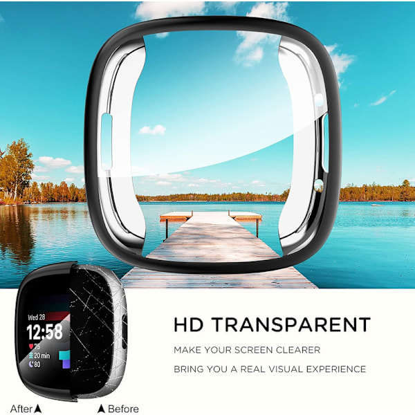 Diruite 4-pack fodral för Fitbit Versa 4/Sense 2 skärmskydd, HD stöttåligt mjukt TPU-fodral med fullständigt skydd för Fitbit Versa Black+Black+Clear+Clear