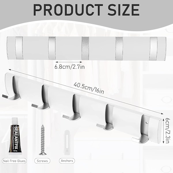 2-pack väggmonterad flytande klädhängare, vit aluminium klädhängare med 5 infällbara krokar, hopfällbara vägghängare