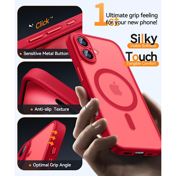 Magnetisk skal til iPhone 16 Pro Max med fuldstændig kamerabeskyttelse [Kompatibel med MagSafe] [Gennemsigtig mat] Beskyttende telefoncover, varm pink Red Red iPhone 16
