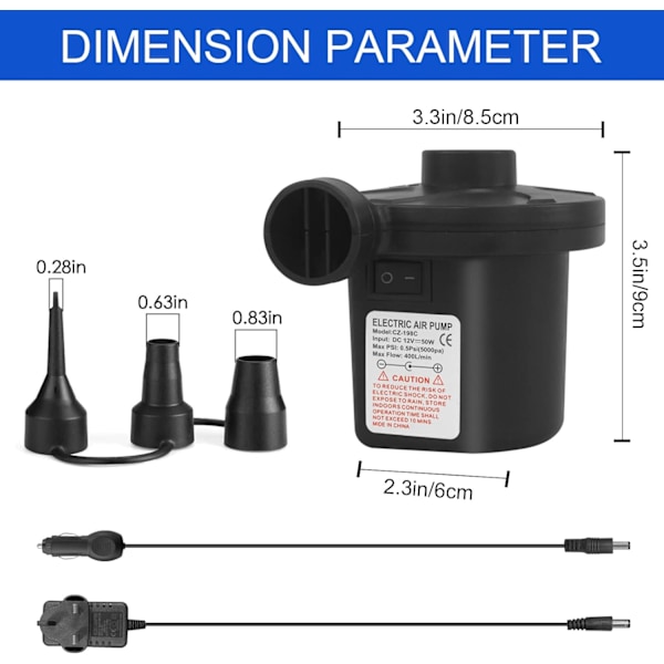 Elektrisk pumpe til oppustelige genstande med 3 dyser, AC 240V/DC 12V 50W elektrisk luftpumpe til luftmadras, oppustelige genstande, fyld oppustelig deflator