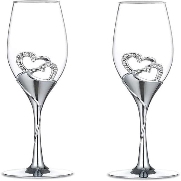 Bröllopschampagneglas Set Silver Toasting Flute Glas 2-pack med Strasskantade Hjärtdekorationer, Silver