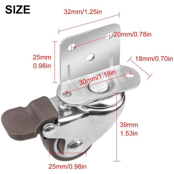 4-pack 25 mm svängbara möbelhjul med bromsar