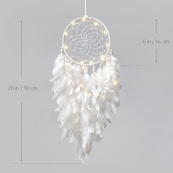 LED Drømmefanger til Børneværelse Vægdekoration Hvide Fjer Drømmefanger med Lysperler Boho Dekor Vævet Kunst Ornament Håndlavet Gave til Børneværelse Ophæng