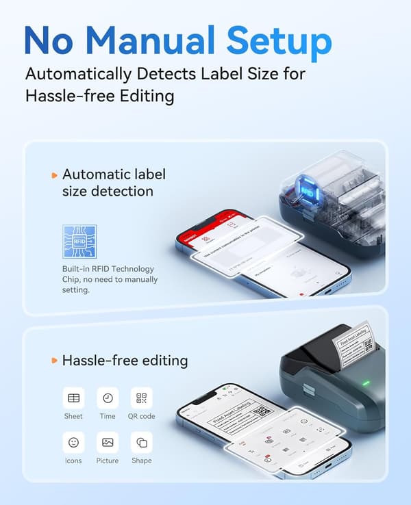 B1 Bluetooth Label Maker with Waterproof Tape, Versatile App with 60 Fonts and 1600 Icons, Sticker Label Printer, Compatible with iOS Blu