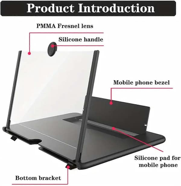Phone Screen Magnifier, 12 Thin Foldable HD Mobile Smartphone Projector Amplifier, Magnifying Screen, Portable Foldable Stand Black
