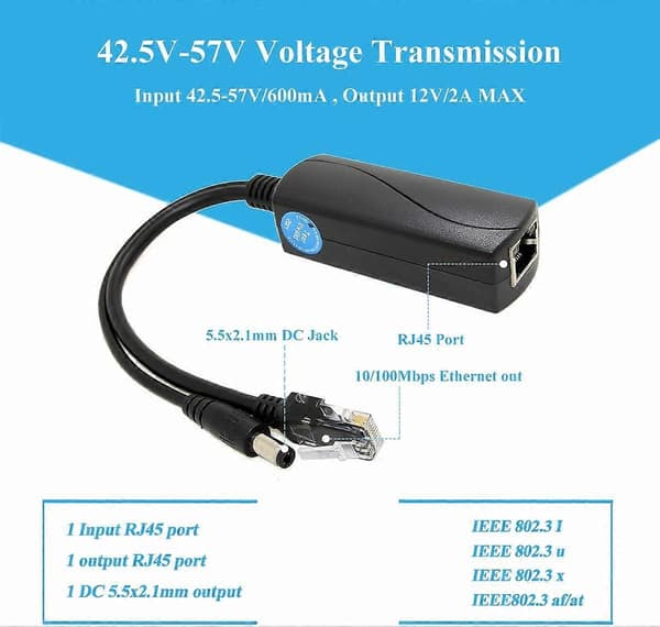 Aktiv PoE Splitter 12V 2A Output, IEEE 802.3af/at Standard 10/100Mbps Power Over Ethernet Splitter til Sikkerheds IP Kamera DC Jack (PS5712AT Sort)
