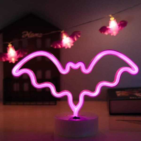 Rosa flaggermus Halloween-dekorasjon nattlys, batteri USB dobbel